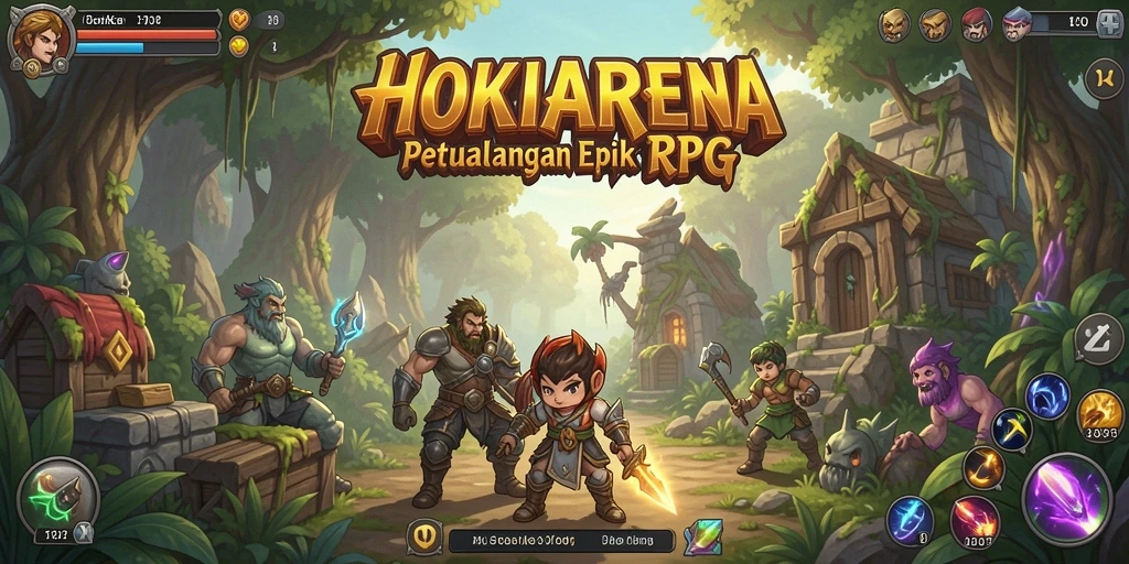 Tampilan utama HOKIARENA dengan karakter dan lingkungan RPG
